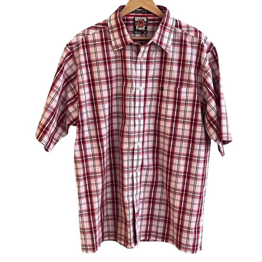 South Pole Hexagon Red Plaid Button Short‎ Sleeve Shirt Red Tag Large Read